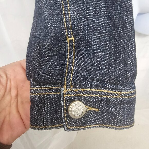 Hot Kiss Blue Denim Aztec Tapestry Jean Jacket Bohemian Southwestern Cropped L - Picture 5 of 11